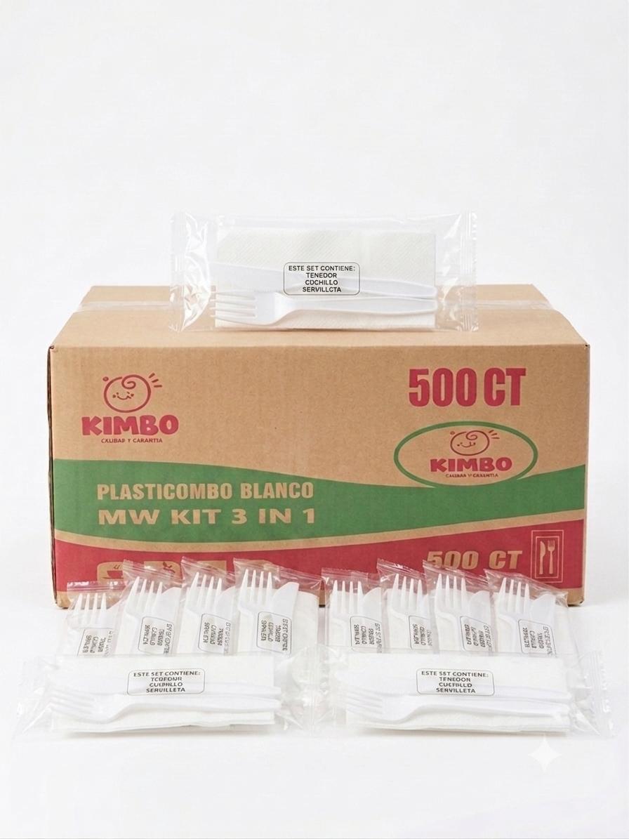 PLASTICOMBO #7 BLANCO TENEDOR +CUCHILLO Y SERVILLETAS 500/1